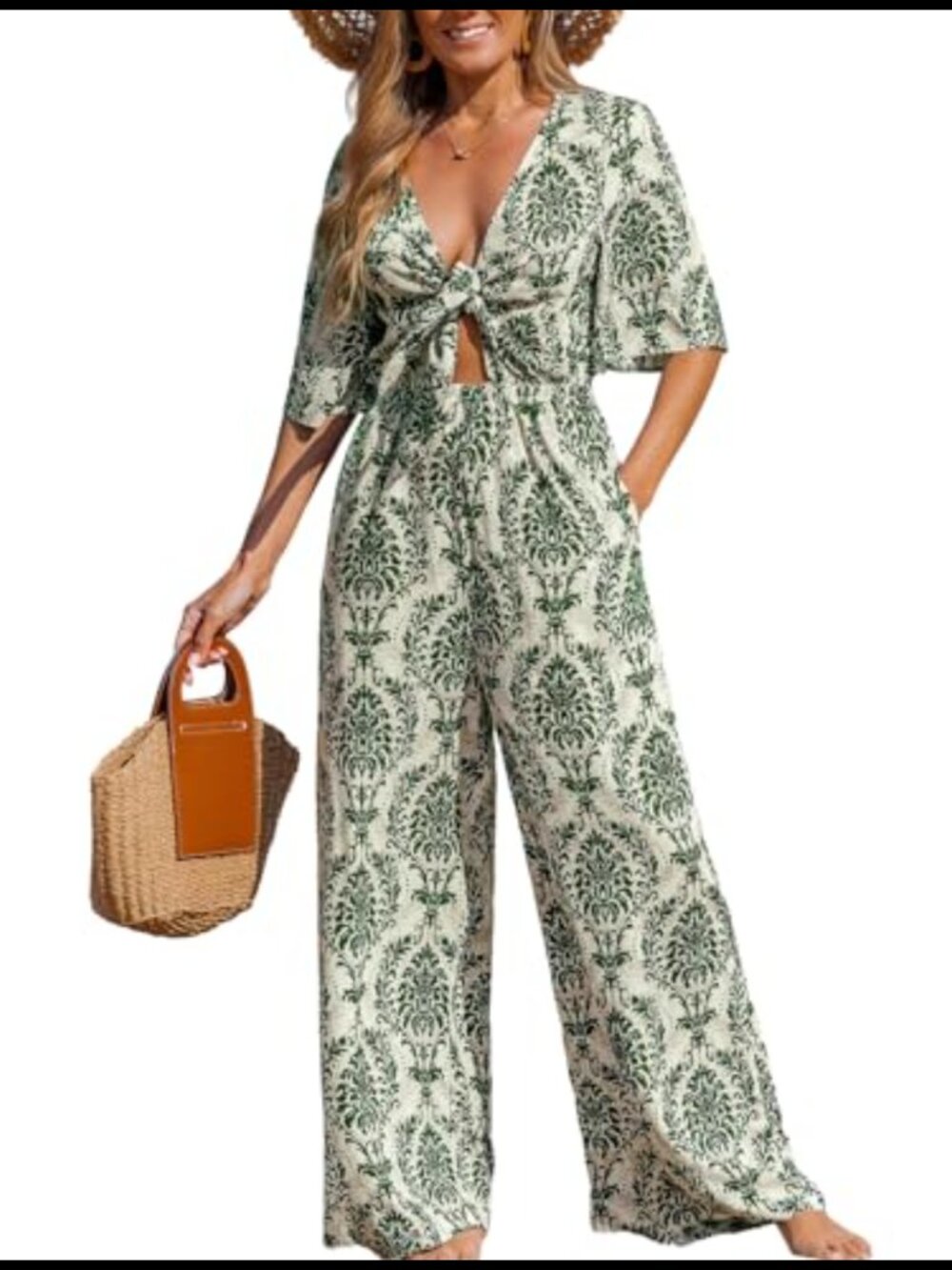 CUPSHE Women's Summer Jumpsuit Tropical Floral Romper Short Sleeve V Neck Self